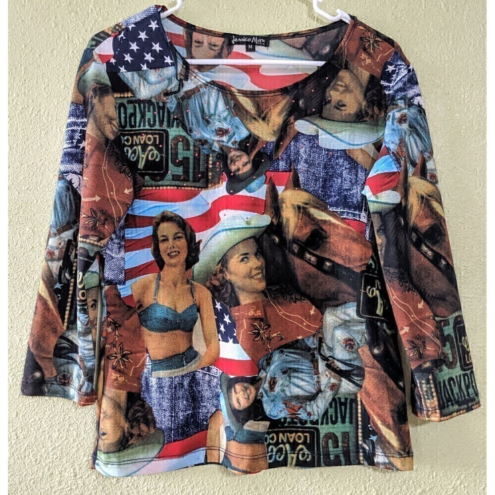 Jessica Max Vintage 90's Western Pinup pullover stretchy shirt Size M